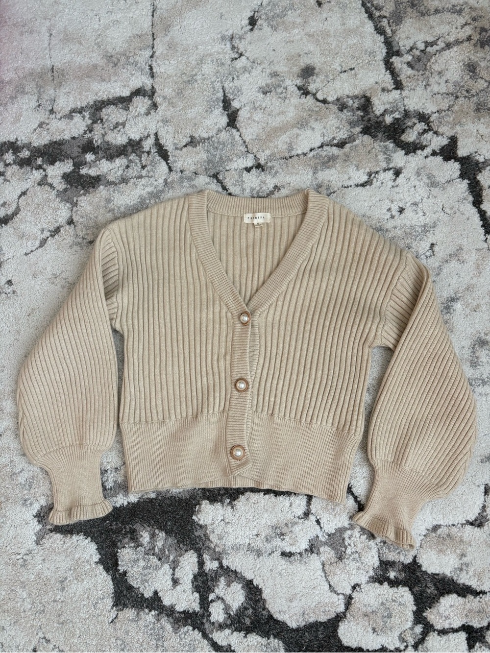 Promesa Ribbed V-Neck Button Front Cardigan - Beige